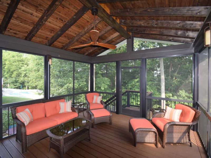 Dark Screen Room Bronze Two Color Ceiling Exposed Rafters Gable Roof