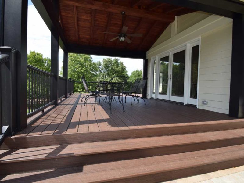 Trex Transcend Lava Rock Black Railing Covered Deck Wide Stairs Ballwin