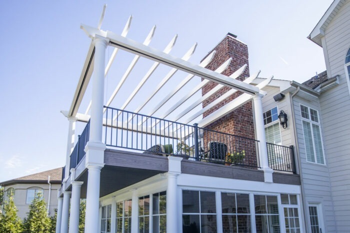 California Custom Decks white pergola and golf simulator three-season sunroom in Chesterfield Missouri Pergolas Photo Gallery