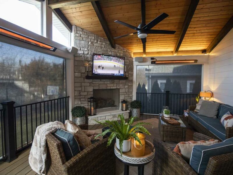 Outdoor fireplaces design - outdoor fireplace on covered deck screen room with television