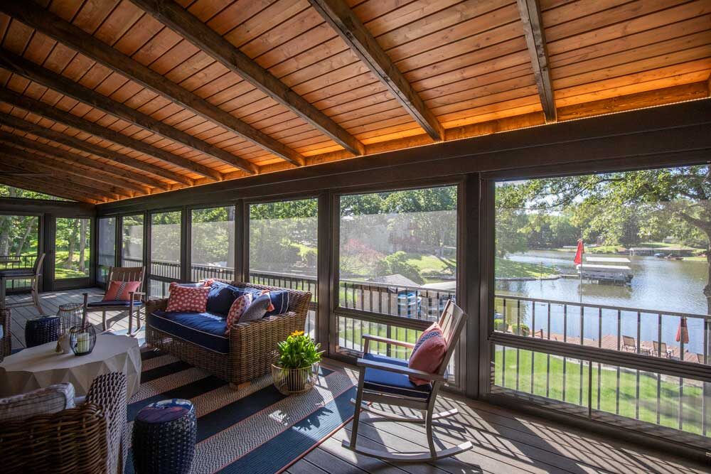 Lake House Three Season Sunroom with Under Deck Patio + Outdoor Kitchen at Holiday Lake, IL