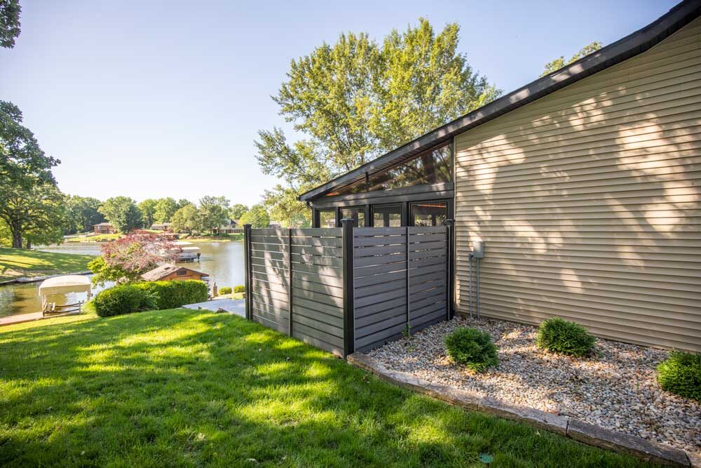 Lake House Three Season Sunroom with Under Deck Patio + Outdoor Kitchen at Holiday Lake, IL