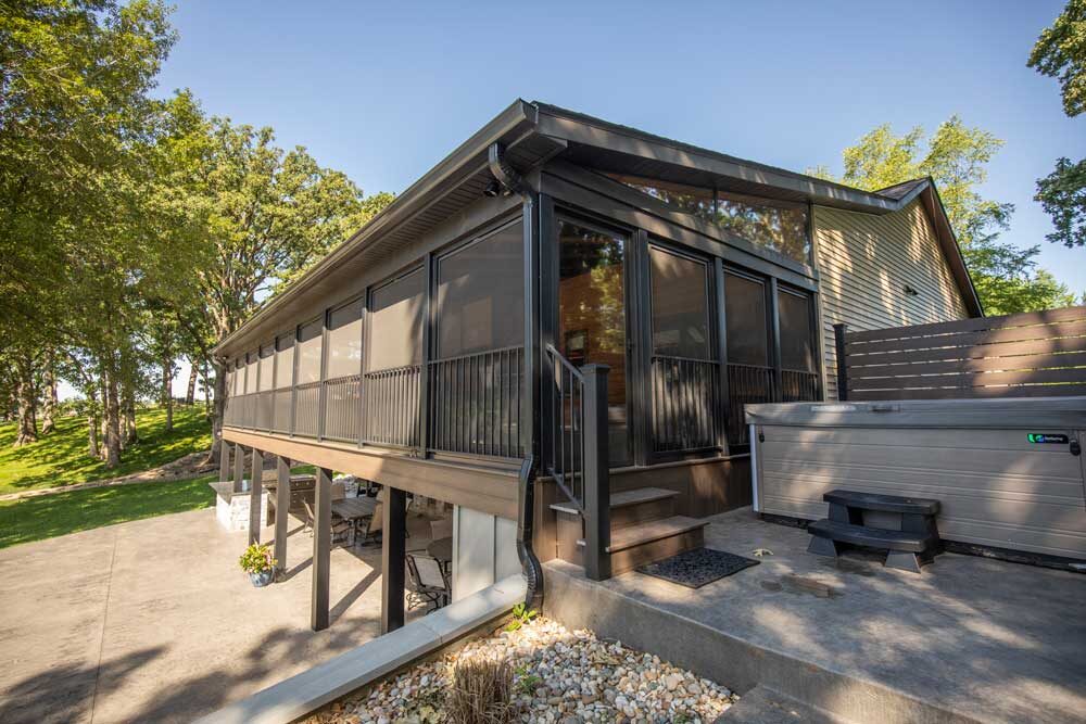 Lake House Three Season Sunroom with Under Deck Patio + Outdoor Kitchen at Holiday Lake, IL