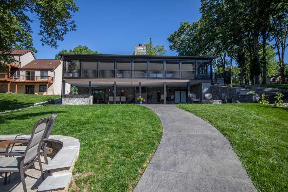 Lake House Three Season Sunroom with Under Deck Patio + Outdoor Kitchen at Holiday Lake, IL