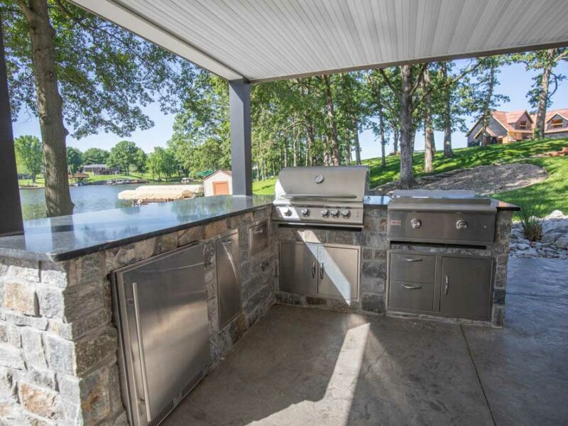 Lake House Three Season Sunroom with Under Deck Patio + Outdoor Kitchen at Holiday Lake, IL