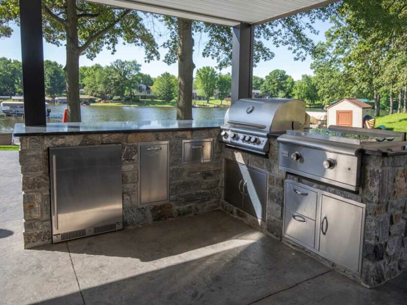 Lake House Three Season Sunroom with Under Deck Patio + Outdoor Kitchen at Holiday Lake, IL
