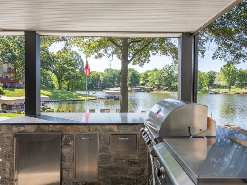 Lake House Three Season Sunroom with Under Deck Patio + Outdoor Kitchen at Holiday Lake, IL