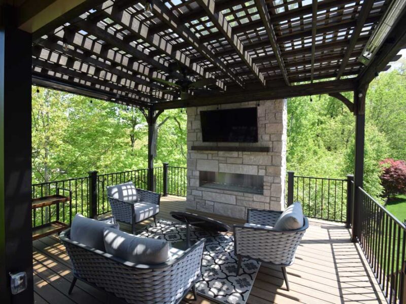 Pergola with stone fireplace in Chesterfield, MO