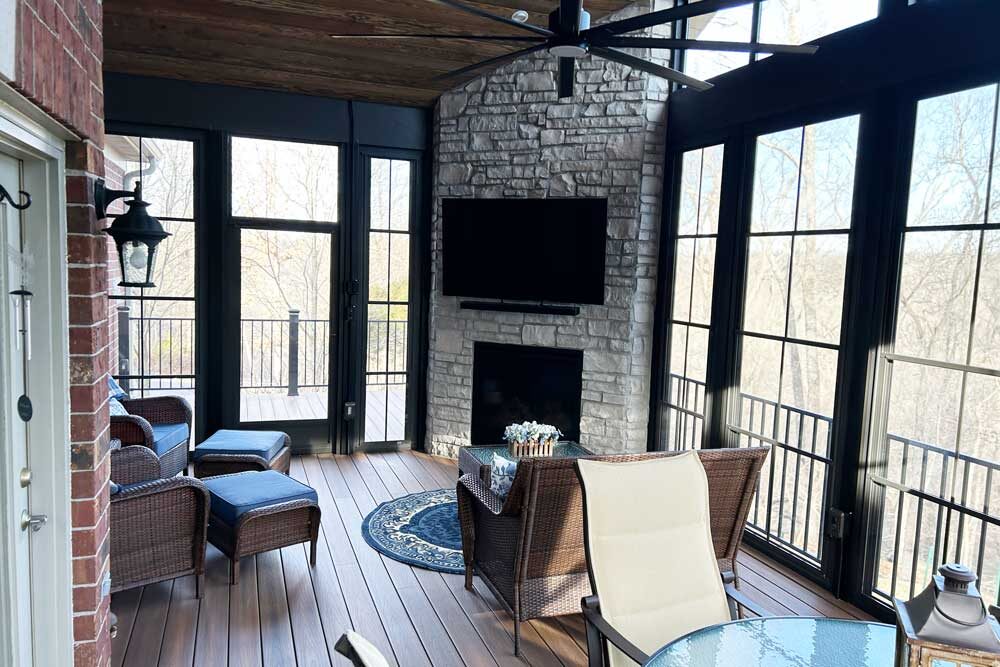 Three Season Room with stone fireplace in Wildwood, MO