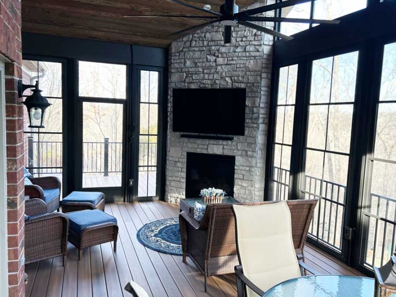 Three Season Room with stone fireplace in Wildwood, MO