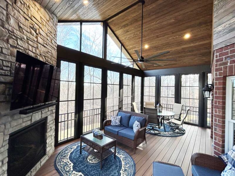 Three Season Room with stone fireplace in Wildwood, MO