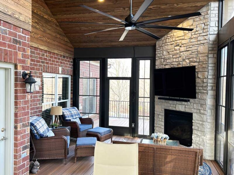 Three Season Room with stone fireplace in Wildwood, MO